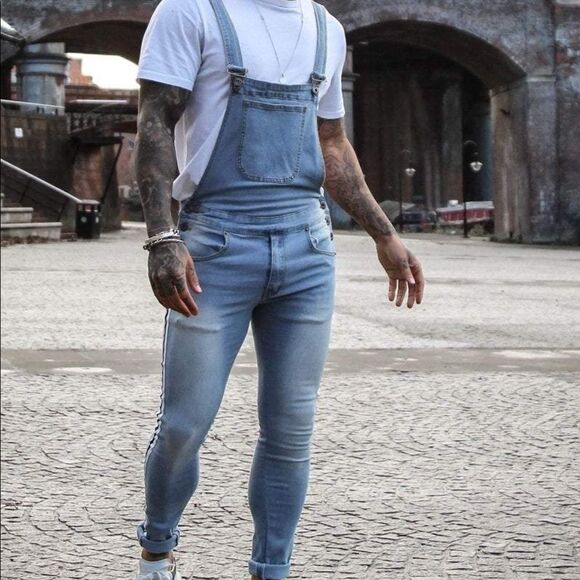 LIQUOR N POKER Blue Nevada With Blk/Wht Side Stripes Stonewashed Overalls Unisex - Picture 2 of 13